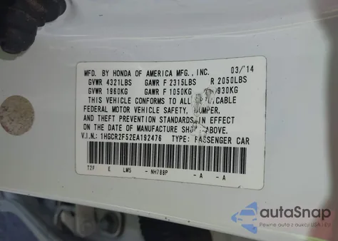 2014 Honda Accord Sport from USA, damaged, VIN 1HGCR2F52EA192476